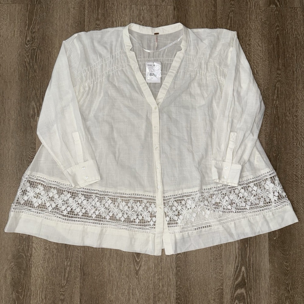 NWT Free People Green Gardens Tunic Women's XS White Lace Floral Button Front
